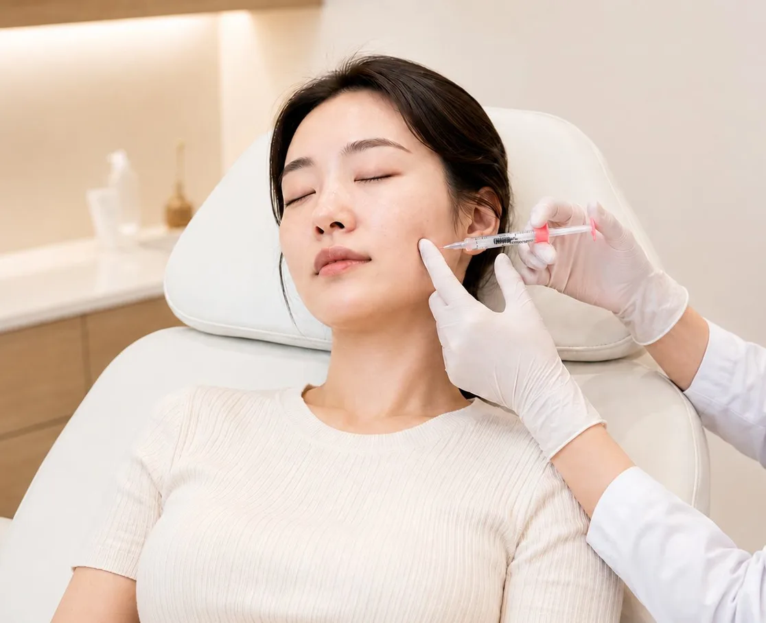 Injectable skin-quality treatment being administered in a treatment room at Delight Dermatology, Seoul
