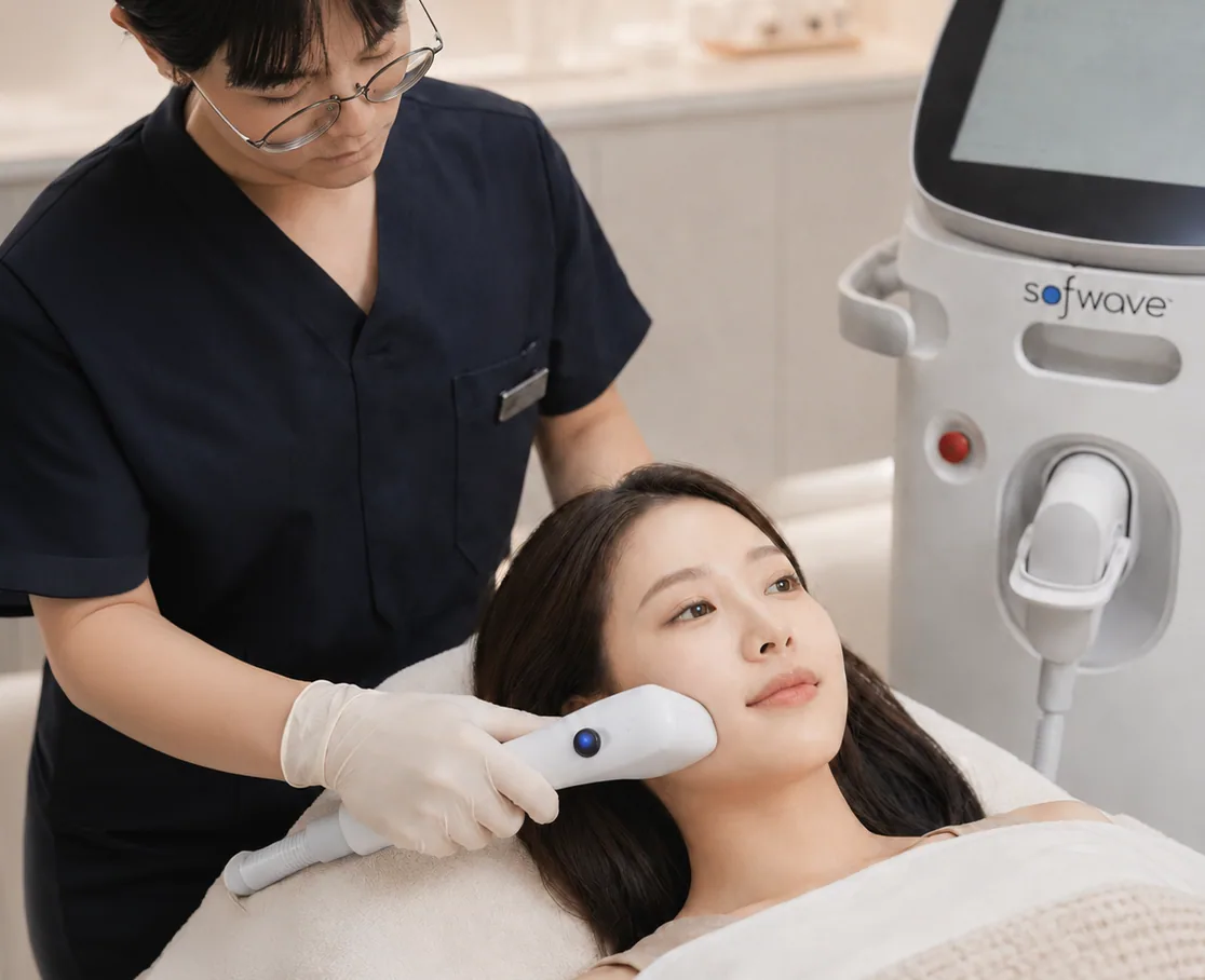 การเลื่อนหัวทรีตเมนต์ Sofwave บนแก้มระหว่างการกระชับผิวชั้นหนังแท้กลางด้วยอัลตราซาวด์