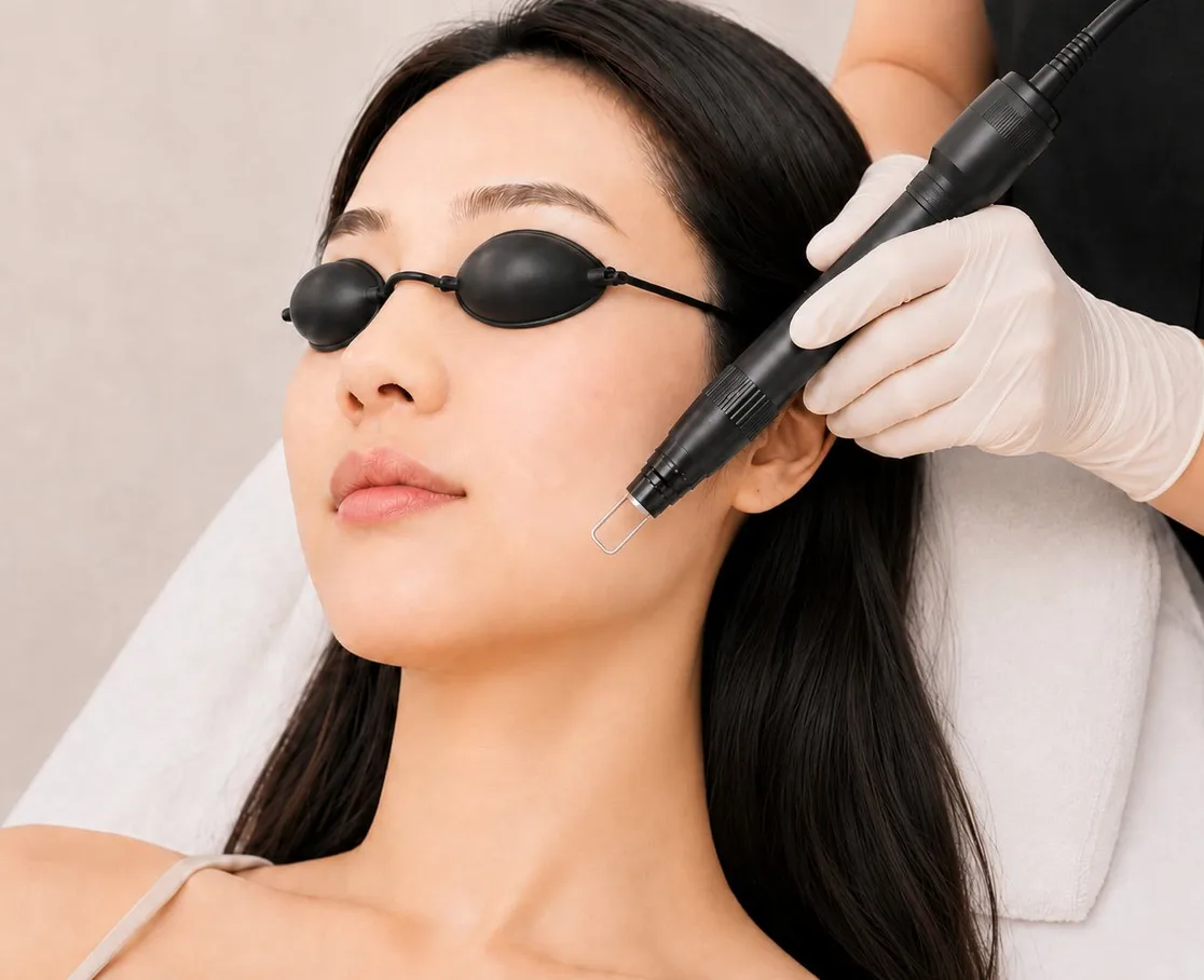 Patient wearing intraocular eye shields during a Hollywood Spectra laser toning pass