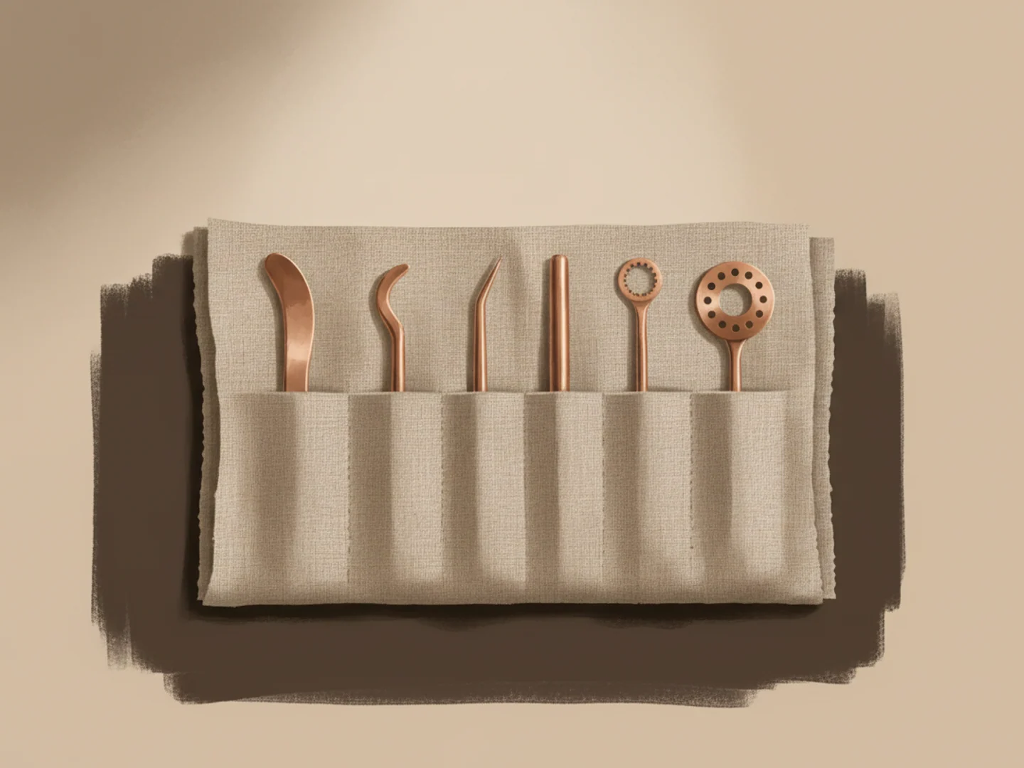 Illustration of a linen tool roll with fine copper hand tools of clearly different shapes, choosing the right tool