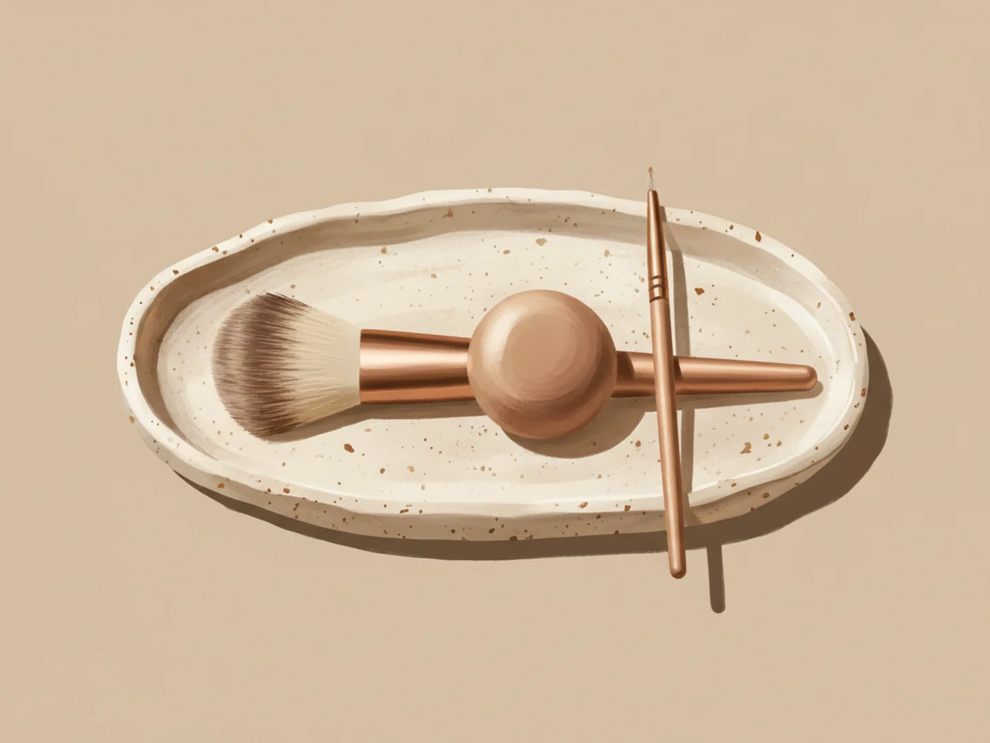 Illustration of three brushes of different widths resting on a ceramic tray, precision by choice