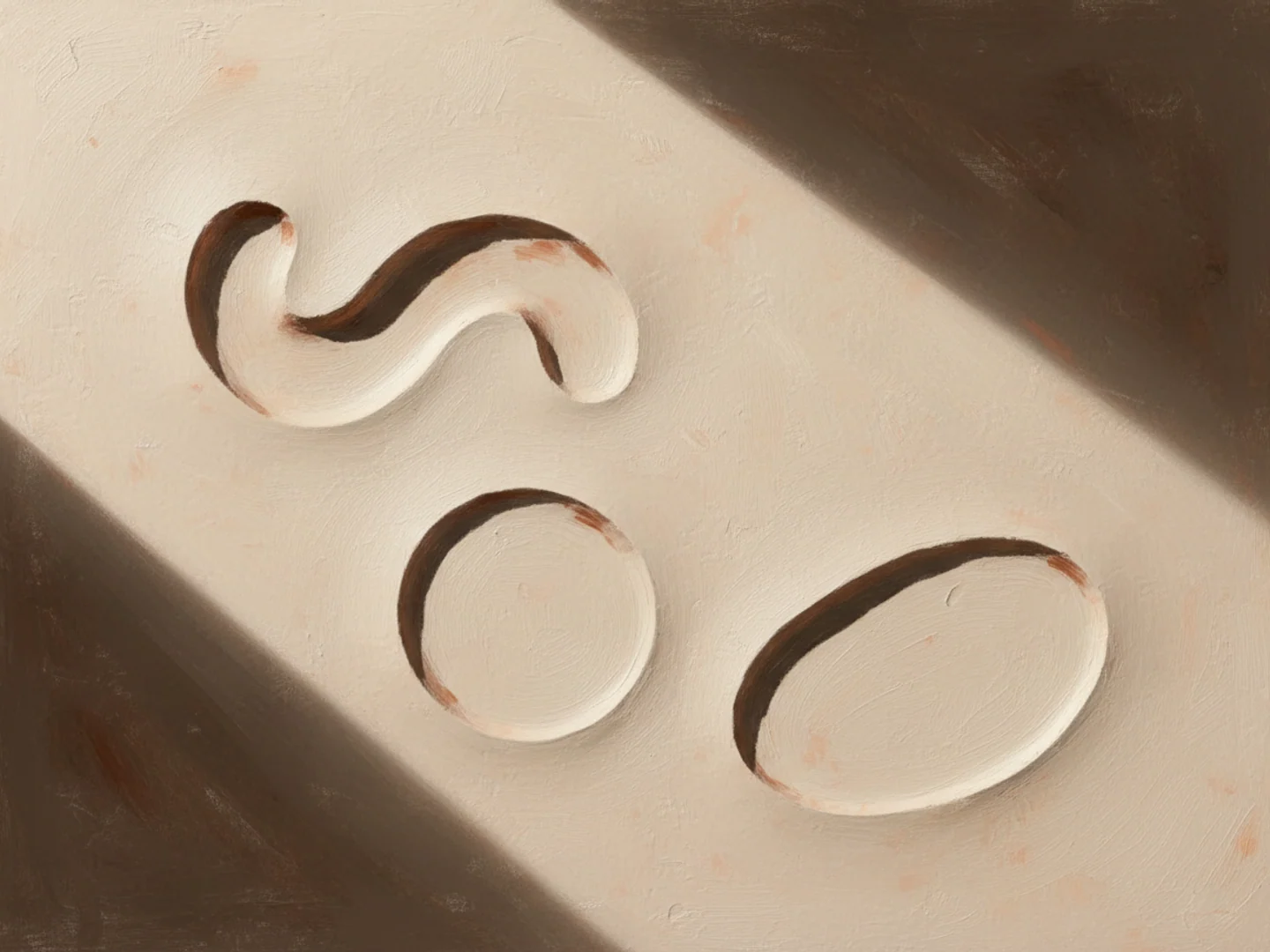 Illustration of a smoothed clay surface with three distinct sculpted indentations under raking light, acne scar types