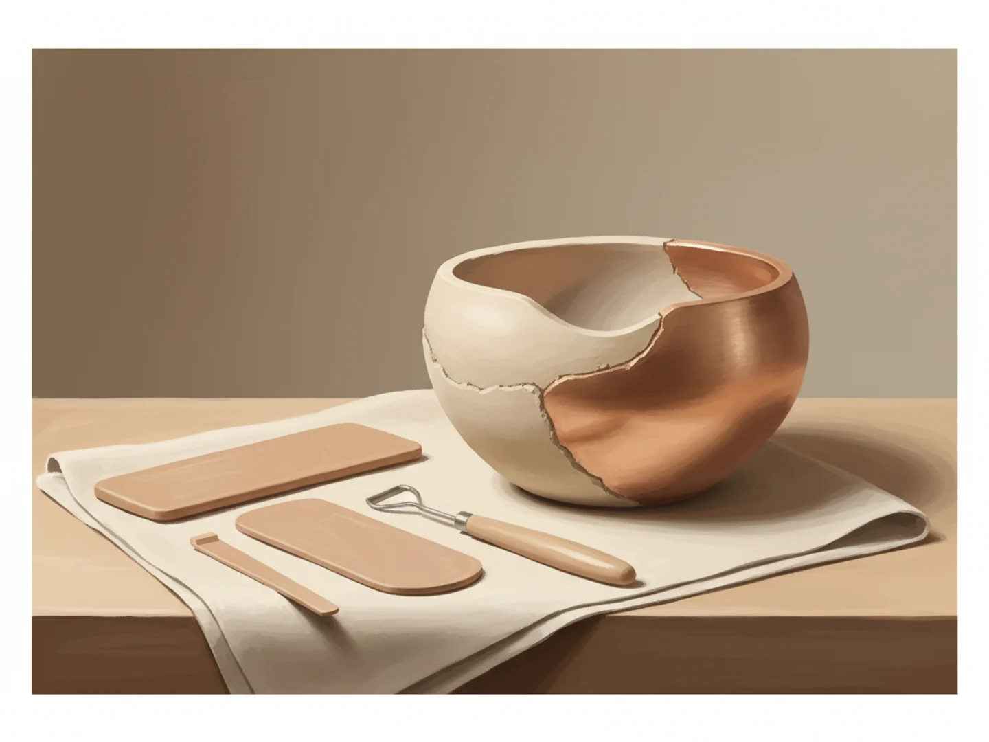 Illustration of a workbench with smoothing tools and a half-restored ceramic surface, scar revision in progress