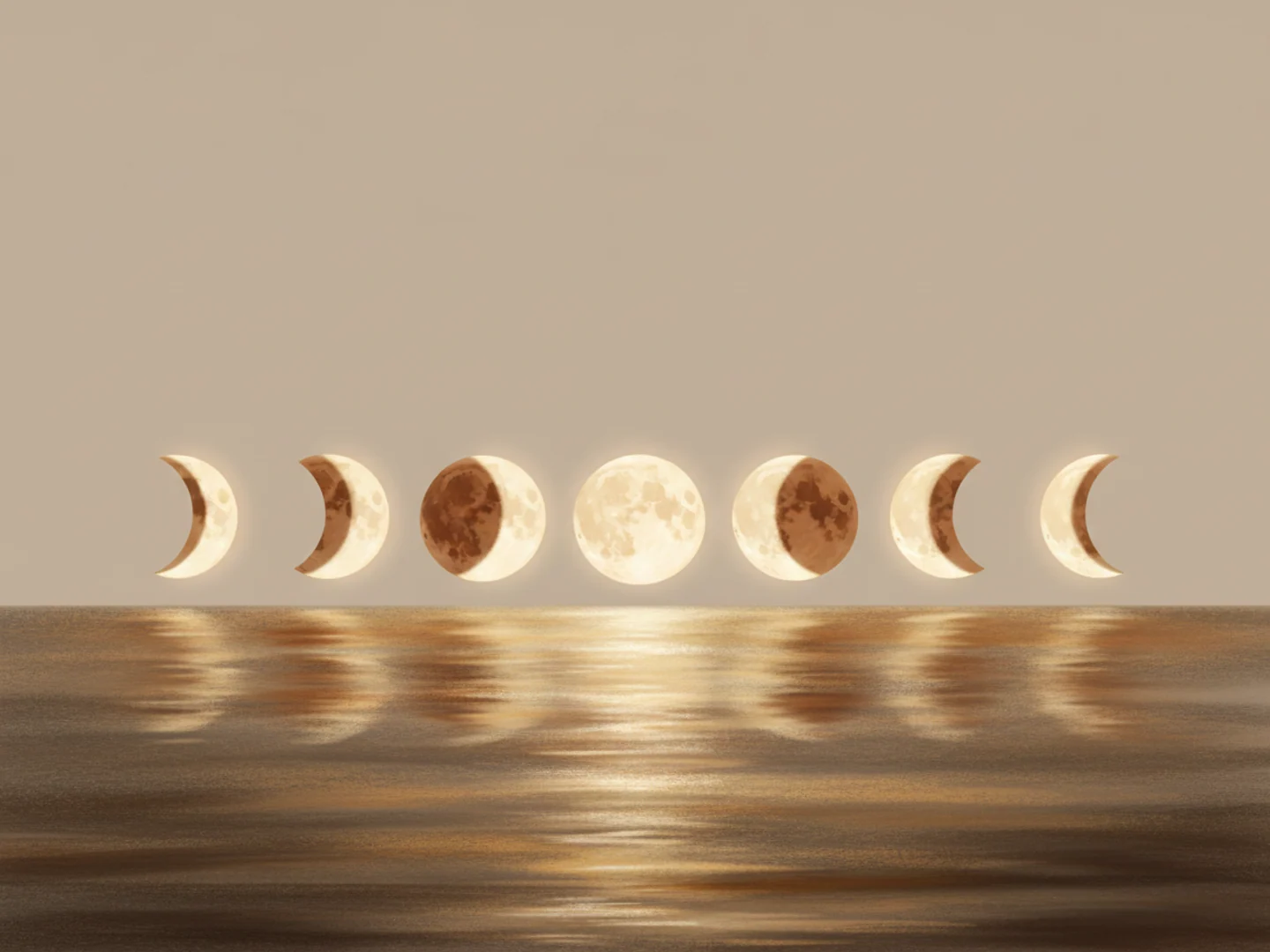 Illustration of moon phases glowing over calm textured water, the recurring cycle of adult acne