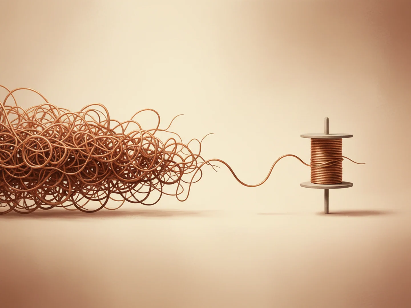 Illustration of a tangled copper thread being slowly unwound onto a neat spool, resolving a complex cause