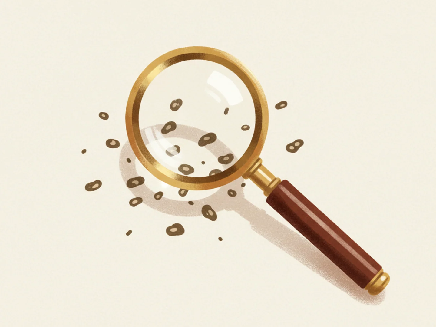 Illustration of a brass loupe over scattered sepia dots on ivory paper, examining age spots