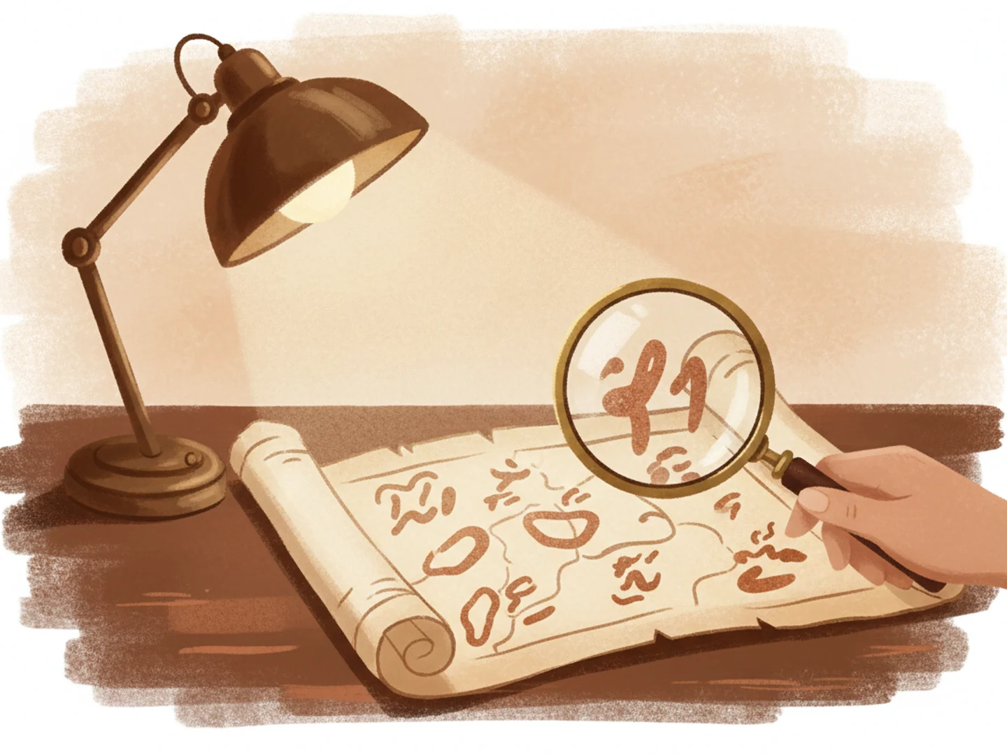 Illustration of an antique map with small faded marks studied under a warm desk lamp, diagnosis before treatment