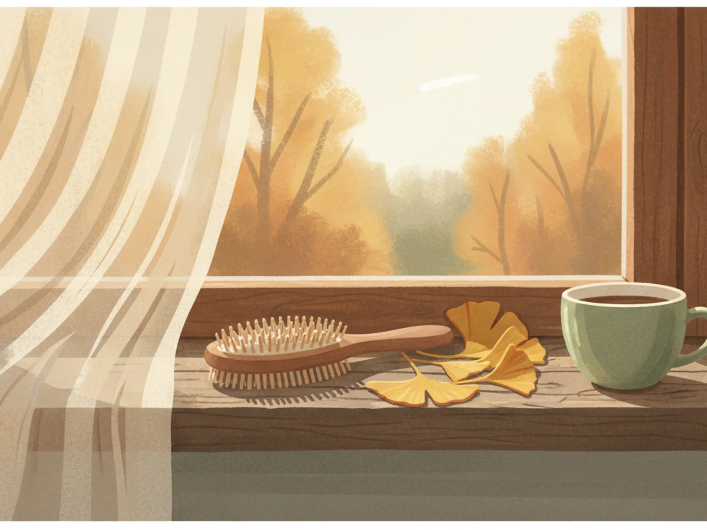 Illustration of a wooden hairbrush on a windowsill beside fallen ginkgo leaves in soft autumn light