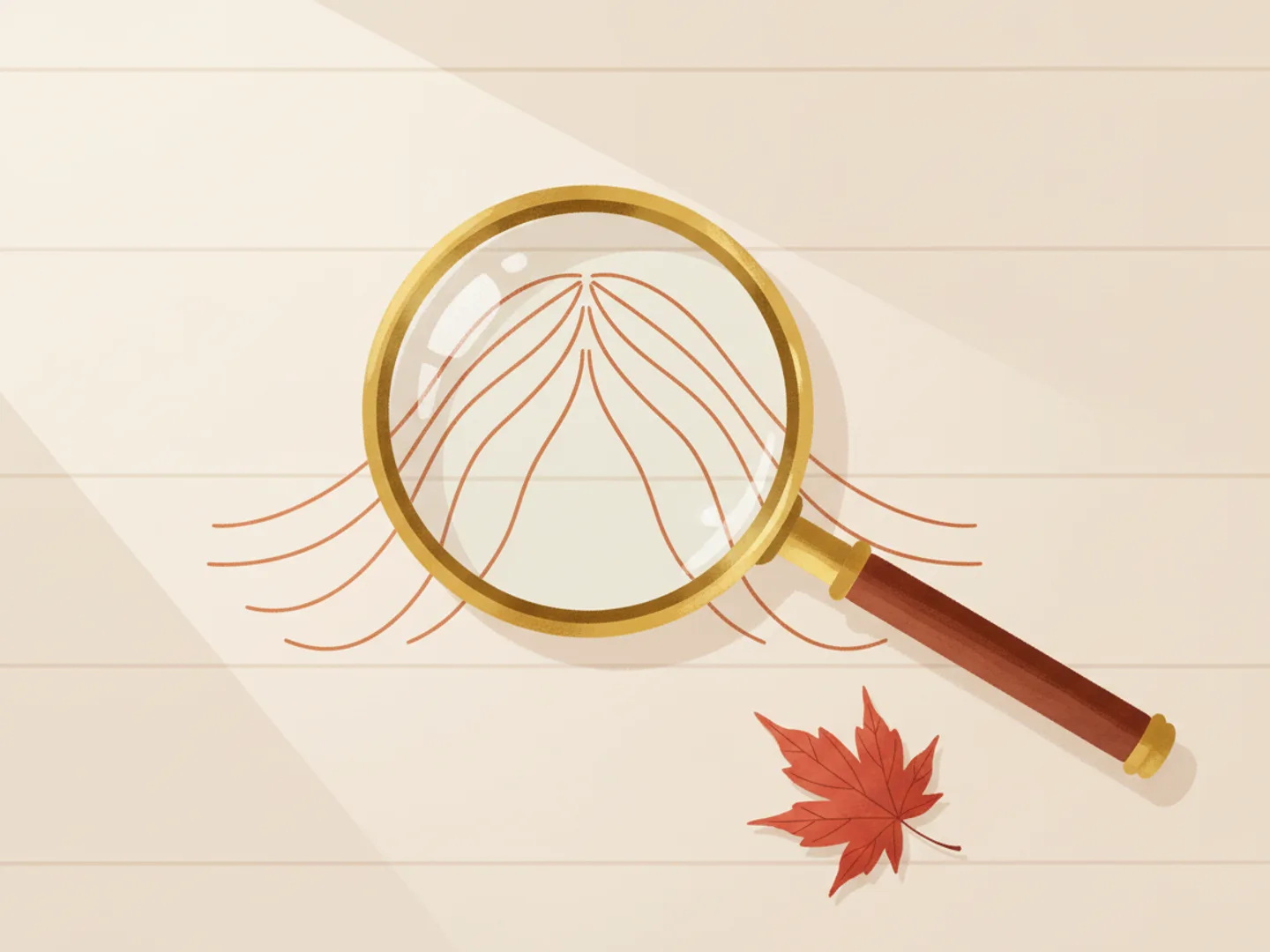 Illustration of a magnifying lens held over a stylised scalp part line, with a maple leaf resting on the table beside it