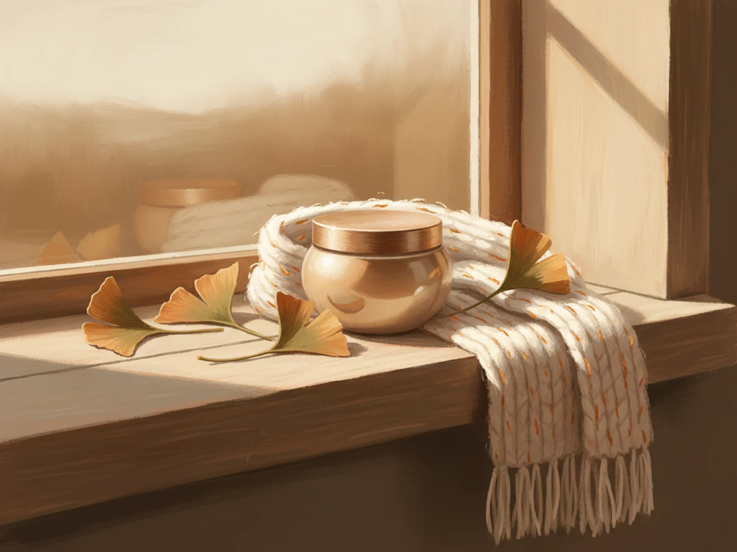 Illustration of a cozy still life with a cream jar, ginkgo leaves and a wool scarf in warm window light
