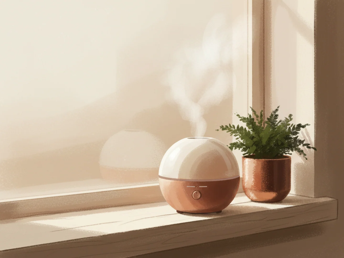 Illustration of a steaming ceramic humidifier beside a potted fern on a wooden sill, indoor moisture