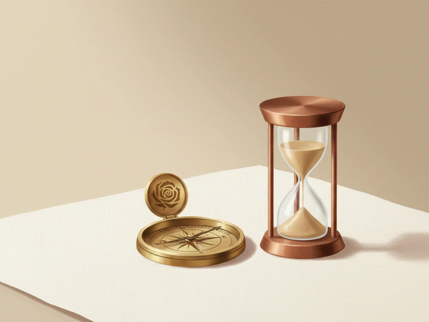 Illustration of a brass compass and a small hourglass on ivory linen, timing and direction in botox planning