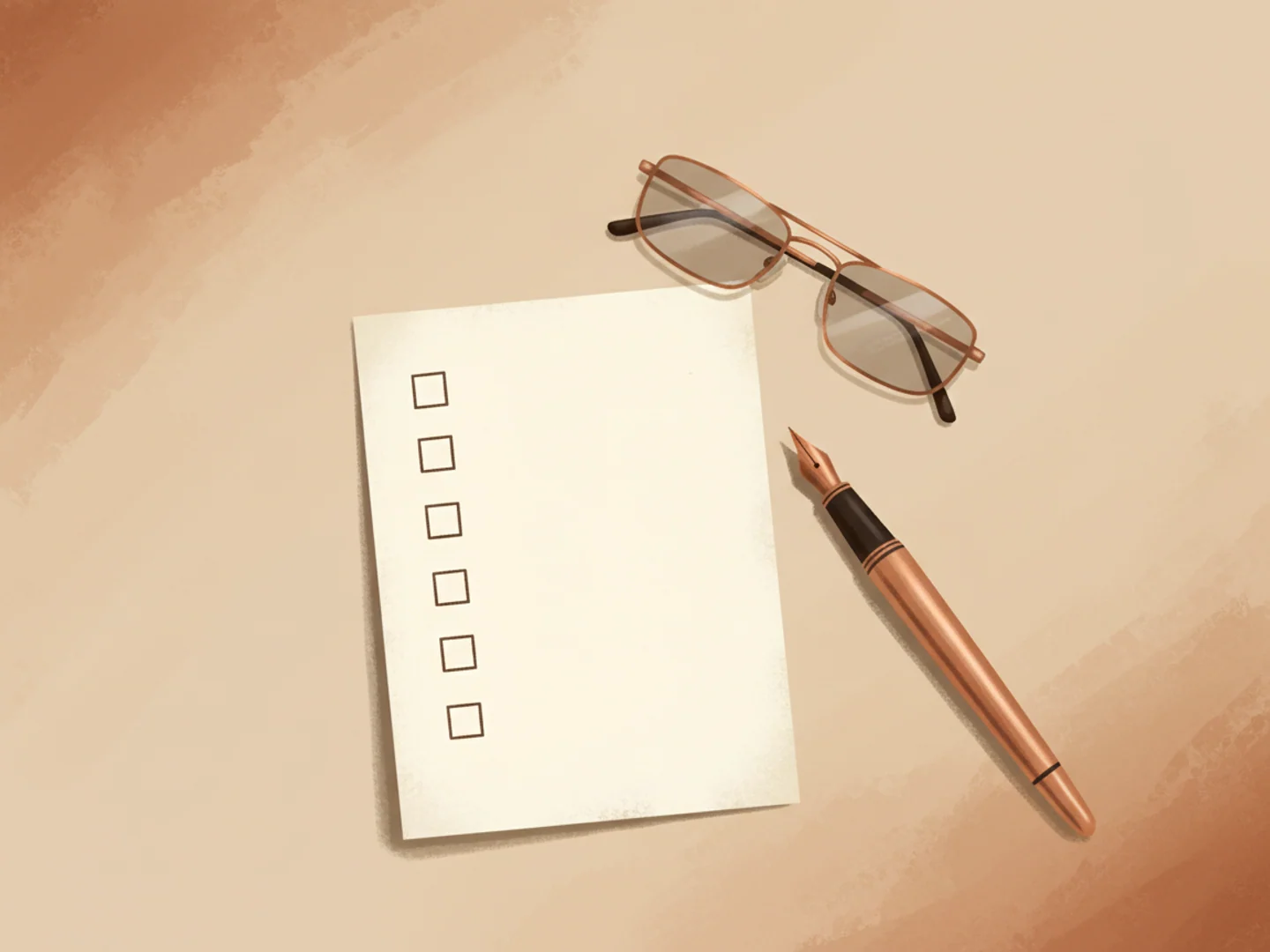 Illustration of a blank checklist card beside a fountain pen and reading glasses, reviewing precautions
