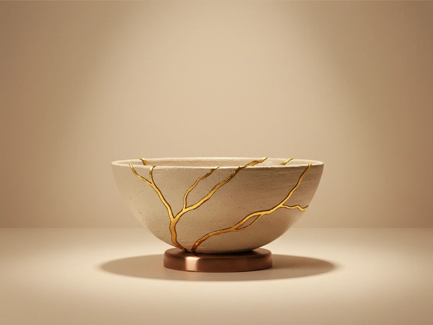 Illustration of a kintsugi bowl with delicate gold repair lines under museum lighting, scars can improve