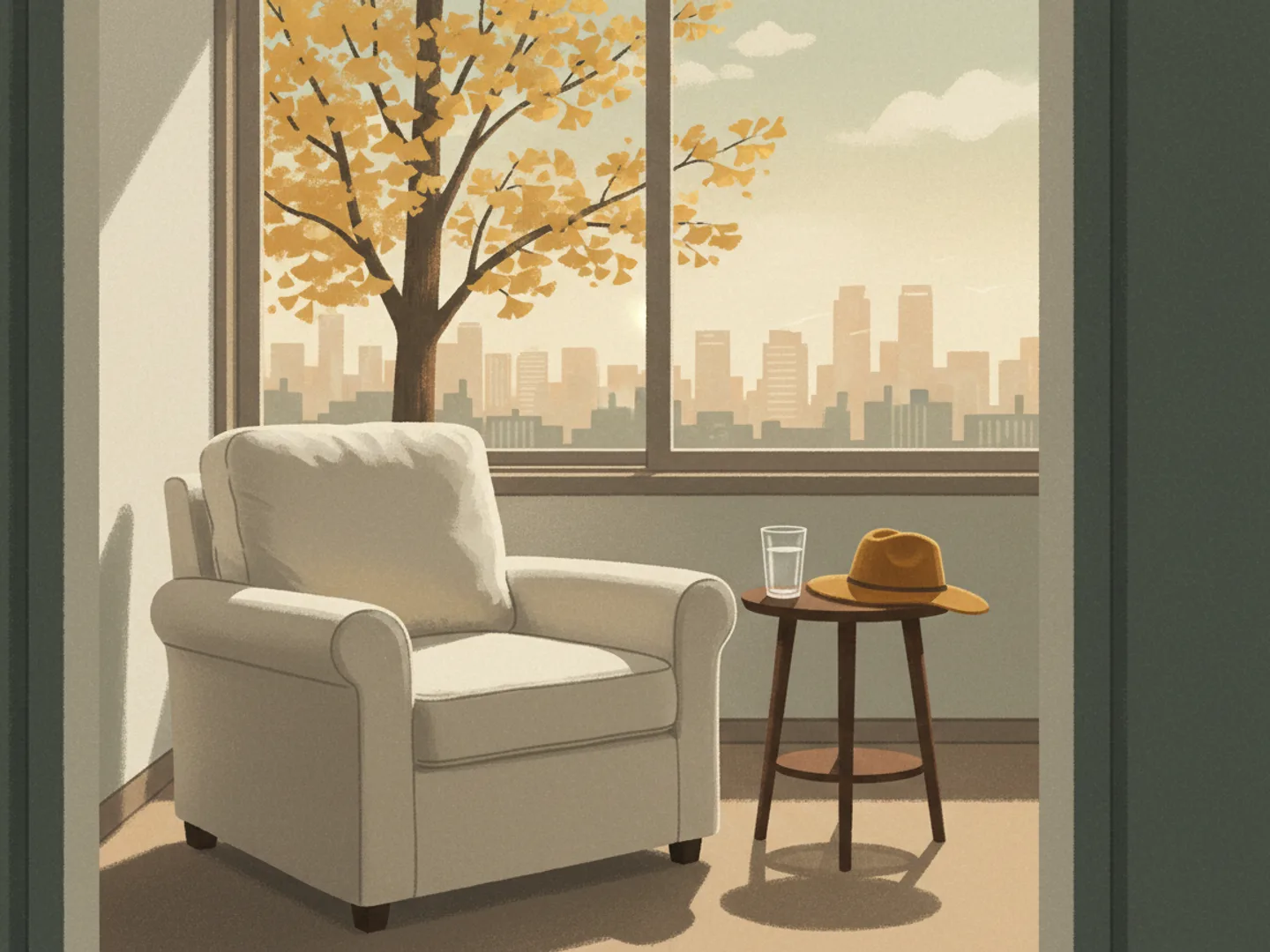 Illustration of a quiet clinic waiting-room corner with an empty linen armchair, a side table with a glass of water and a wide-brimmed hat, and a window showing an autumn ginkgo tree and the Seoul skyline