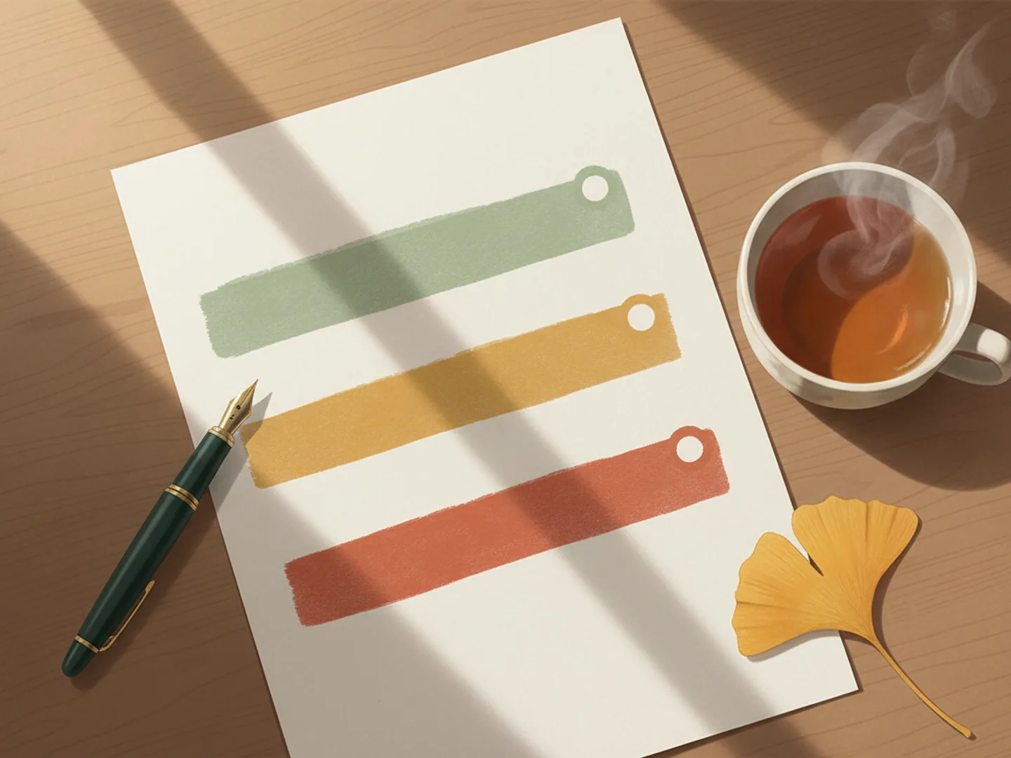 Illustration of three timeline bands of different lengths drawn on cream paper, with a fountain pen, a teacup and a ginkgo leaf beside them