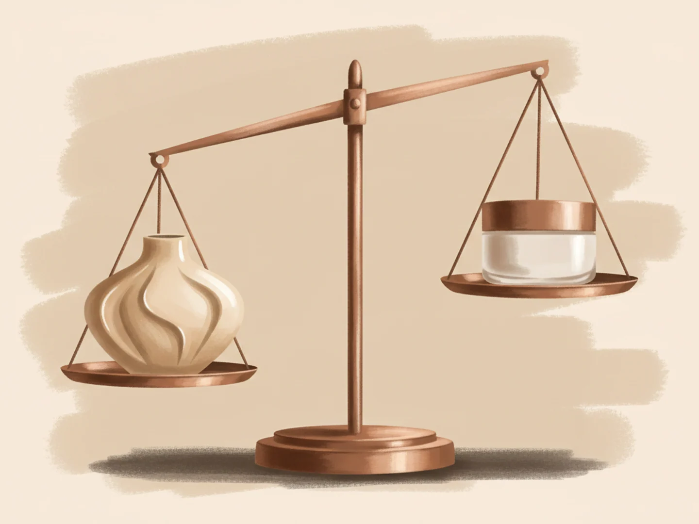 Illustration of a ceramic vessel and a simple cream jar on opposite sides of a balance scale, procedures versus homecare