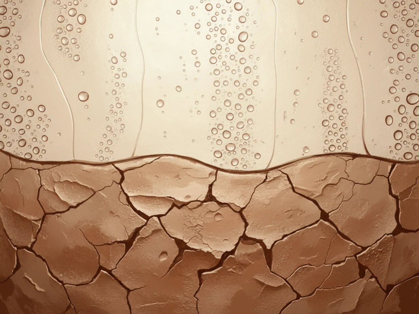 Illustration split between a dewy glass surface with water beads and a dry matte clay surface, combination skin