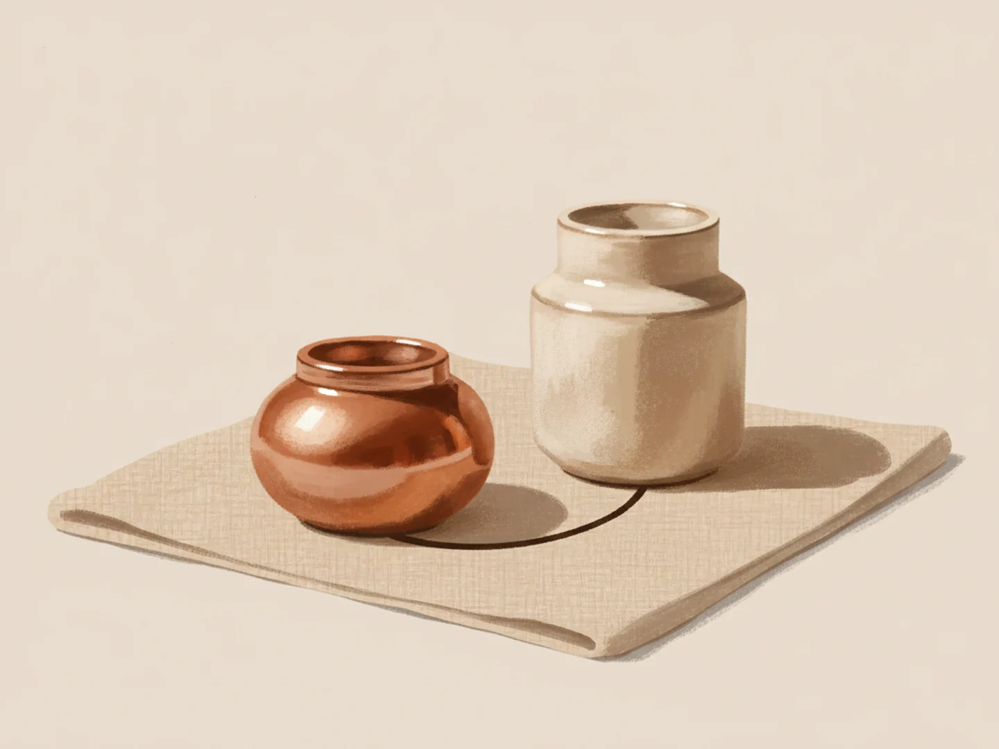 Illustration of two small ceramic jars, one glossy and one matte, on the same linen cloth, a balanced routine