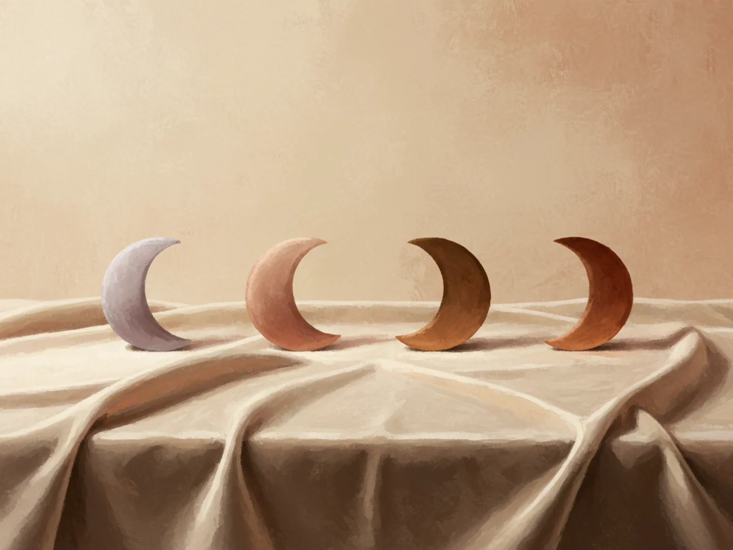Illustration of four crescent shapes in shades from lavender to bronze on velvet, the four dark-circle types