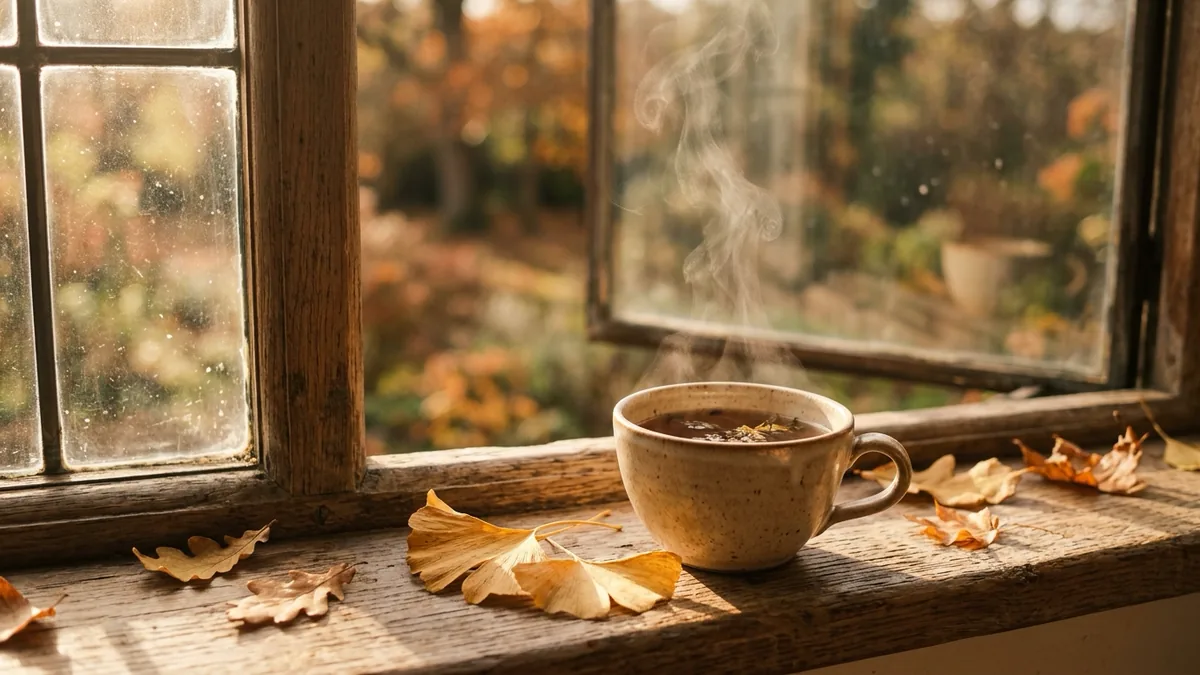 Steam rising from a cup of tea on a windowsill with dry ginkgo leaves in low autumn sunlight