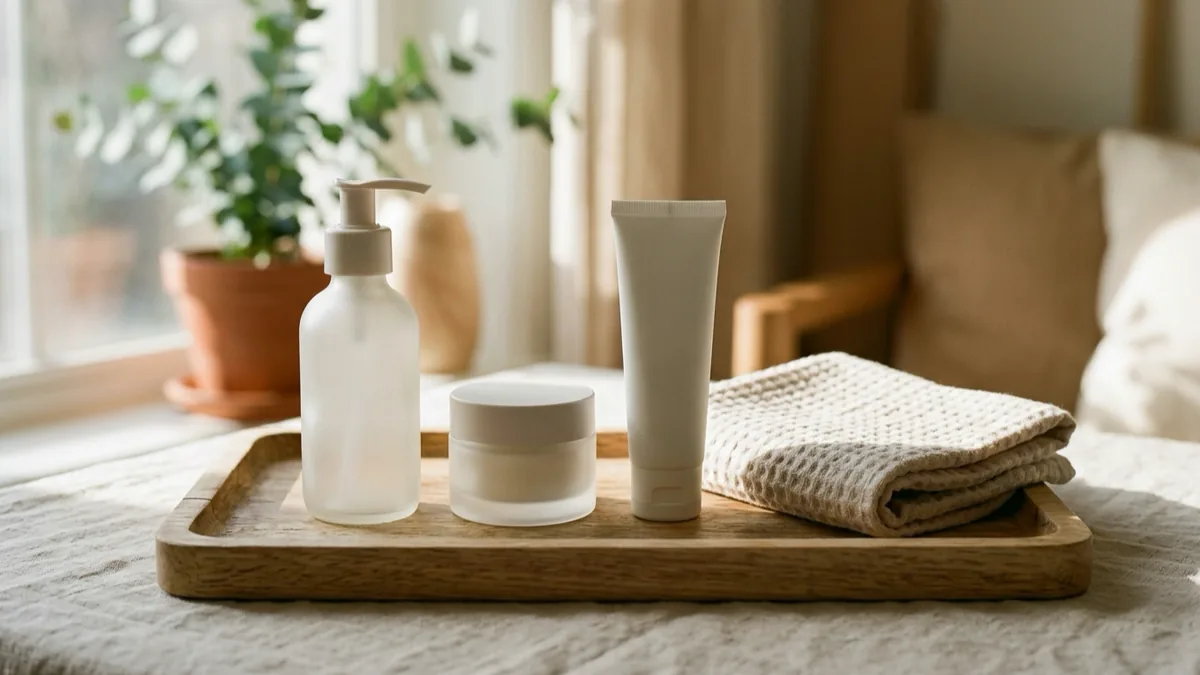 A wooden tray holding an unlabeled cleanser bottle, a moisturizer jar, a sunscreen tube and a folded cotton towel