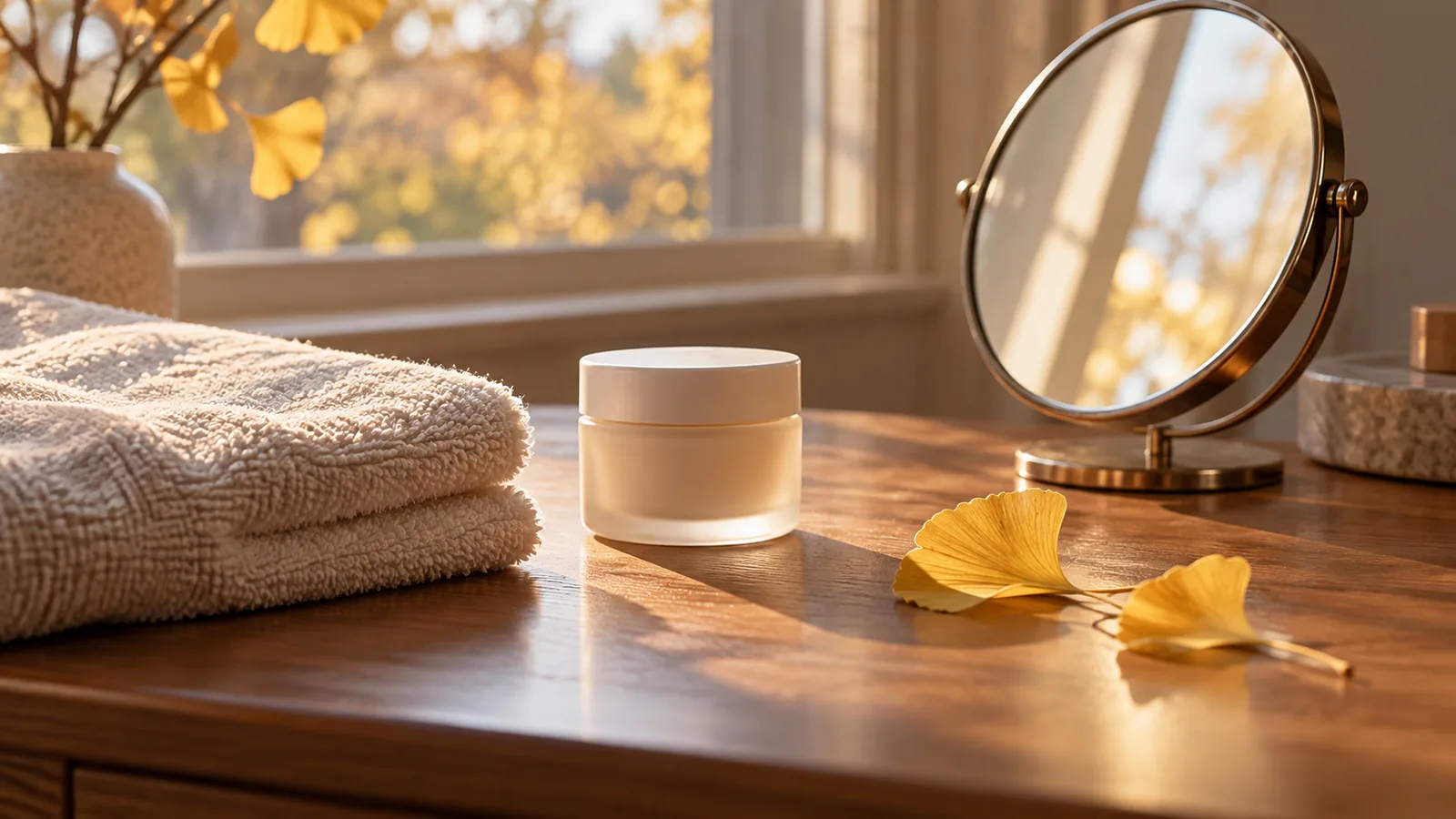 An autumn vanity by a window with a folded towel, a plain moisturizer jar, a round mirror and two ginkgo leaves