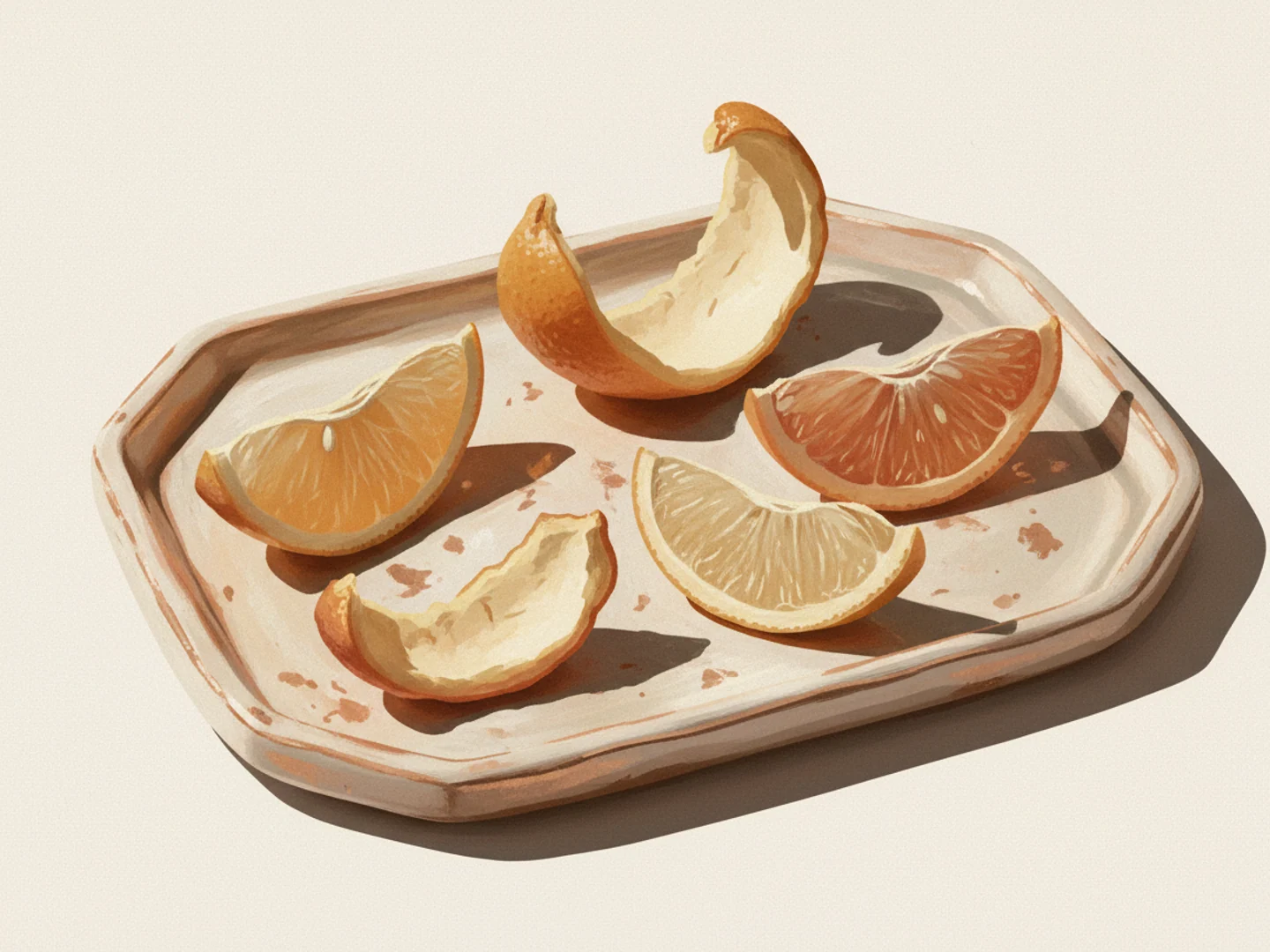Macro illustration of four citrus peel segments in different warm tones on a ceramic tray, four pore types