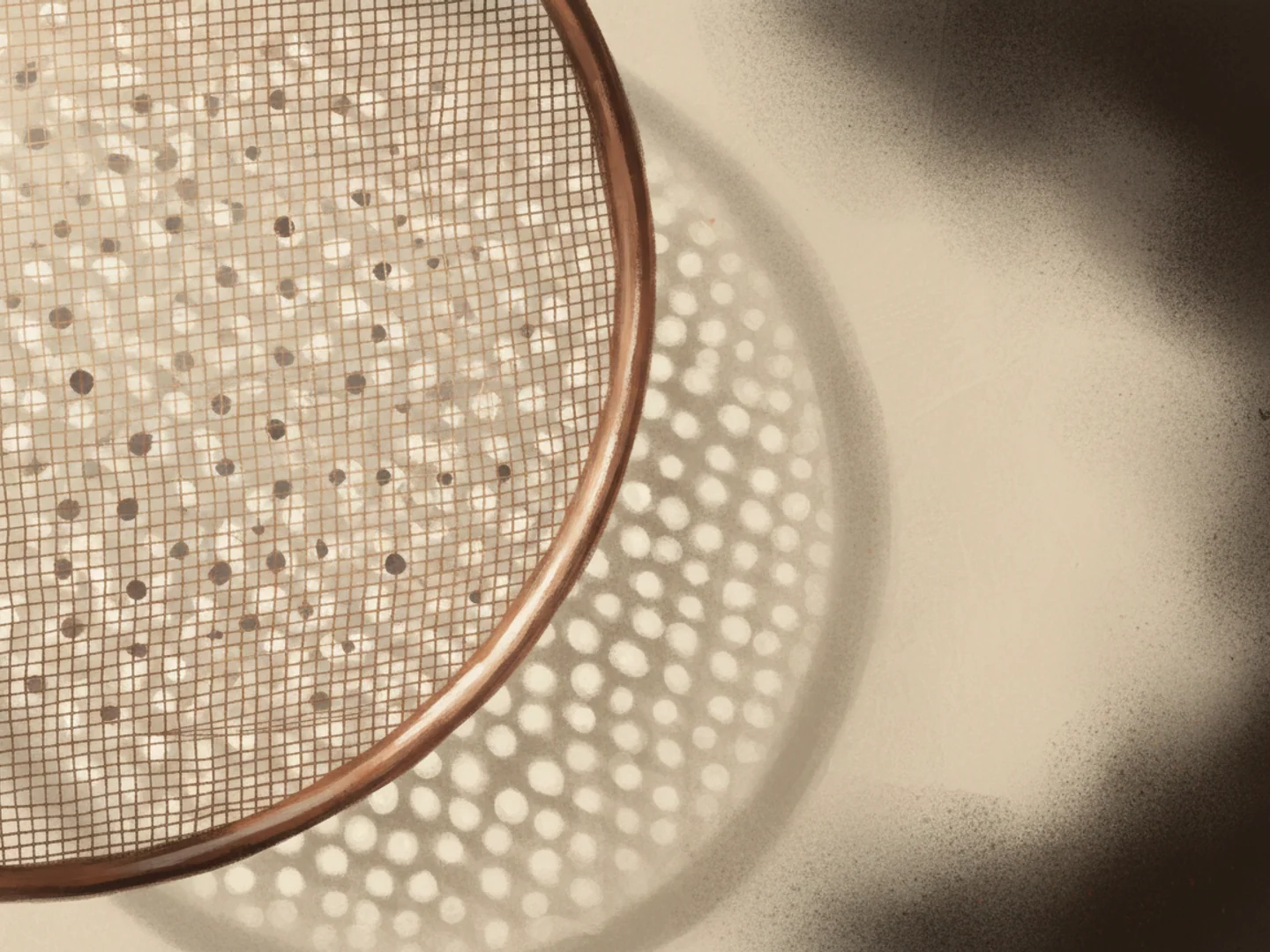 Illustration of fine sieve mesh with soft light passing through, refined skin texture