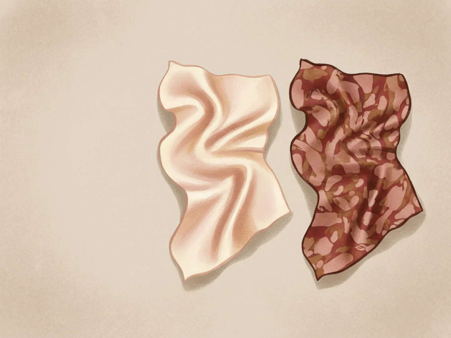 Illustration of two silk swatches side by side, one soft blush gradient and one deeper mottled rose, flushing versus rosacea
