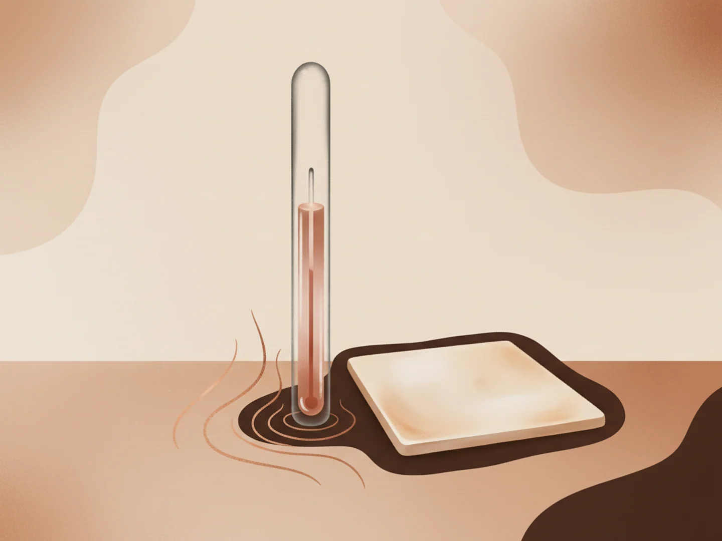 Illustration of a glass column of rose liquid beside a cool ceramic tile, heat and calm
