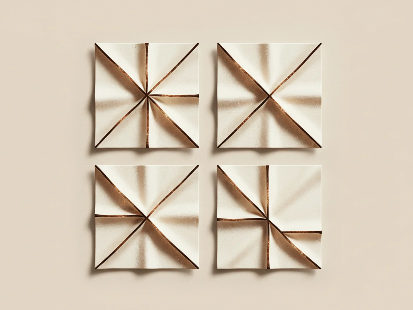 Illustration of four squares of ivory fabric each folded with a different crease pattern, the four wrinkle types