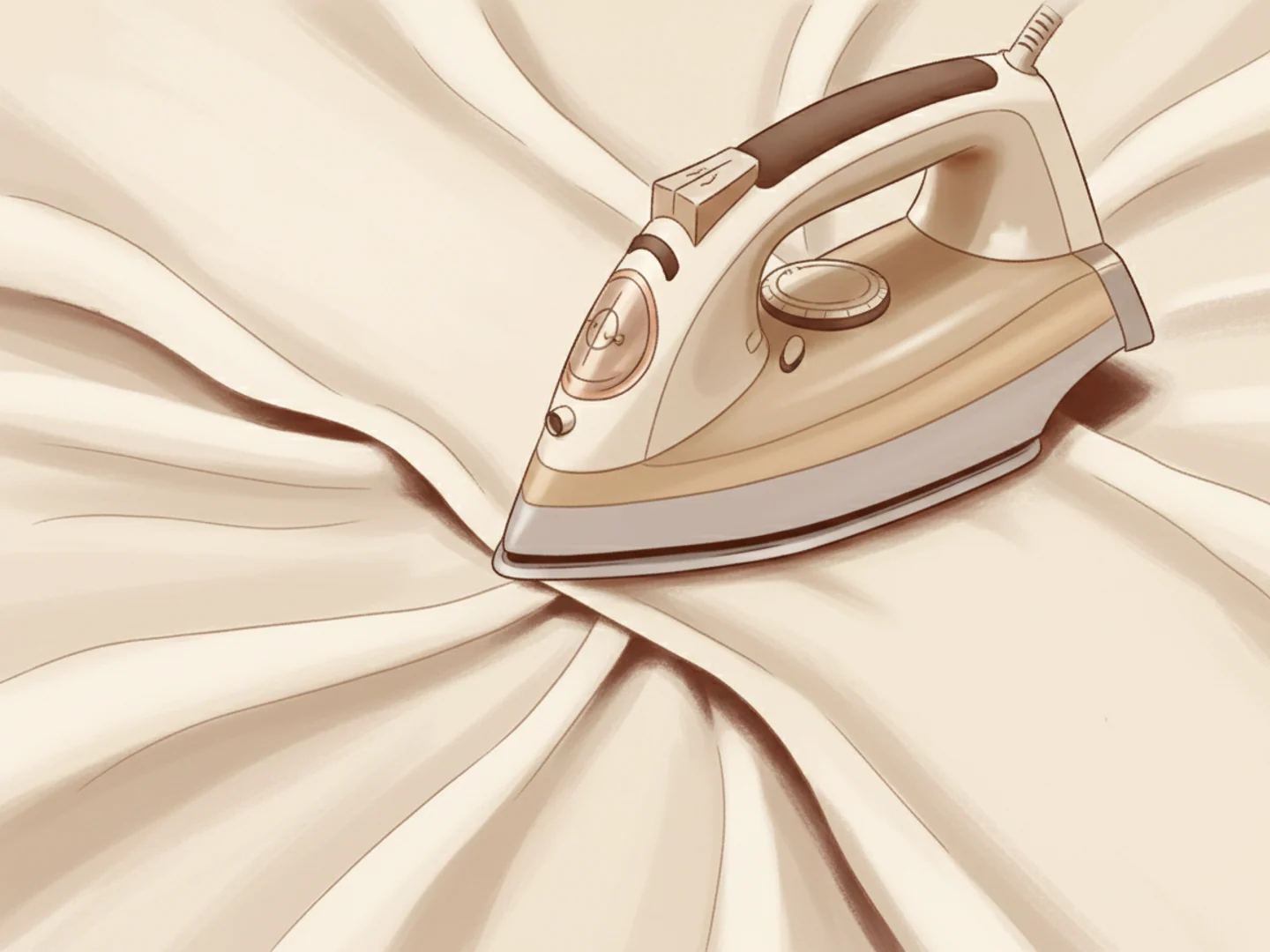 Illustration of a warm iron smoothing one of several linen folds flat, matching treatment to the wrinkle