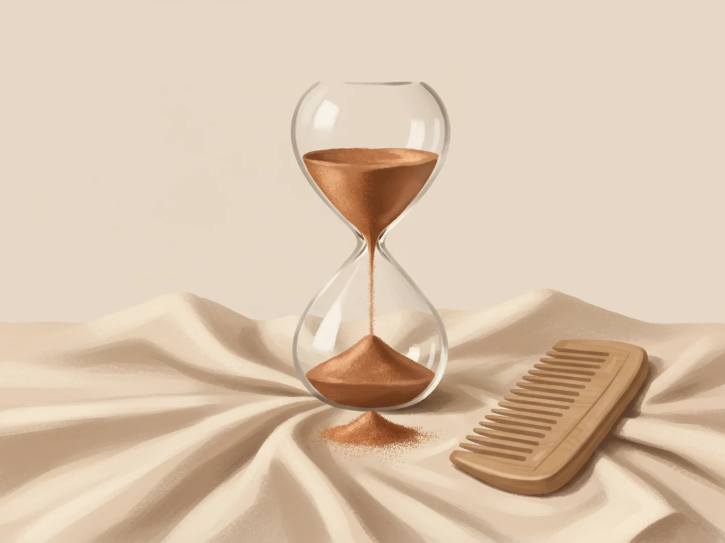 Illustration of an hourglass with copper sand beside a wooden comb on linen, the temporary cycle of telogen effluvium