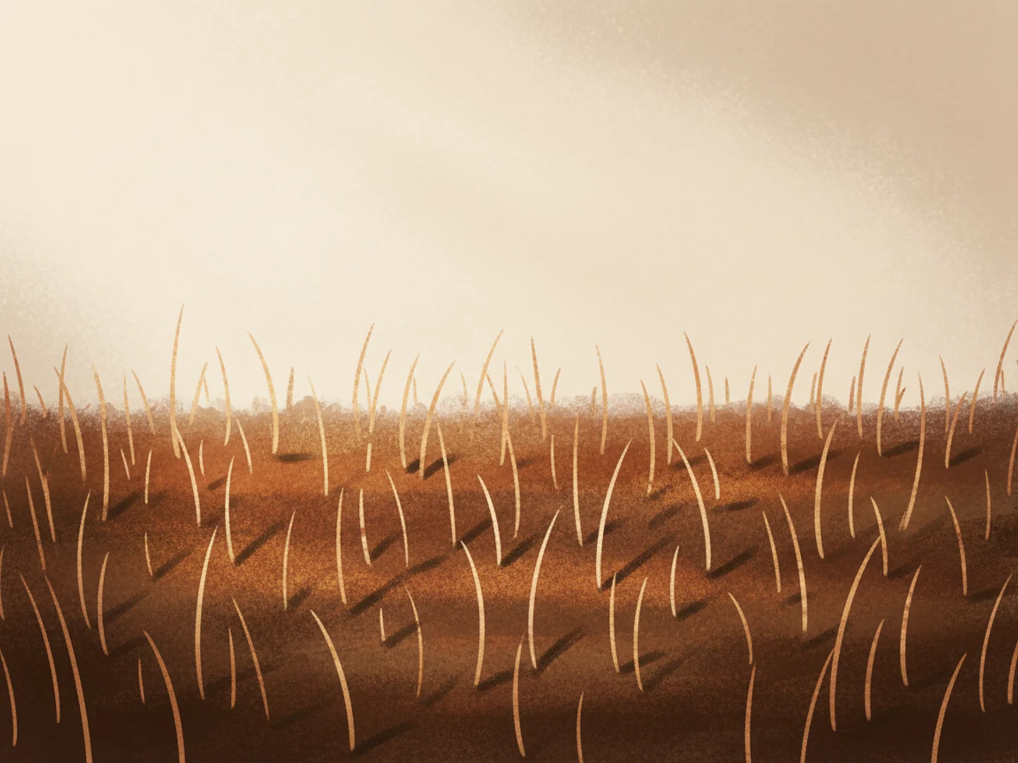 Illustration of young grass sprouting evenly from warm soil in morning light, hair regrowth theme