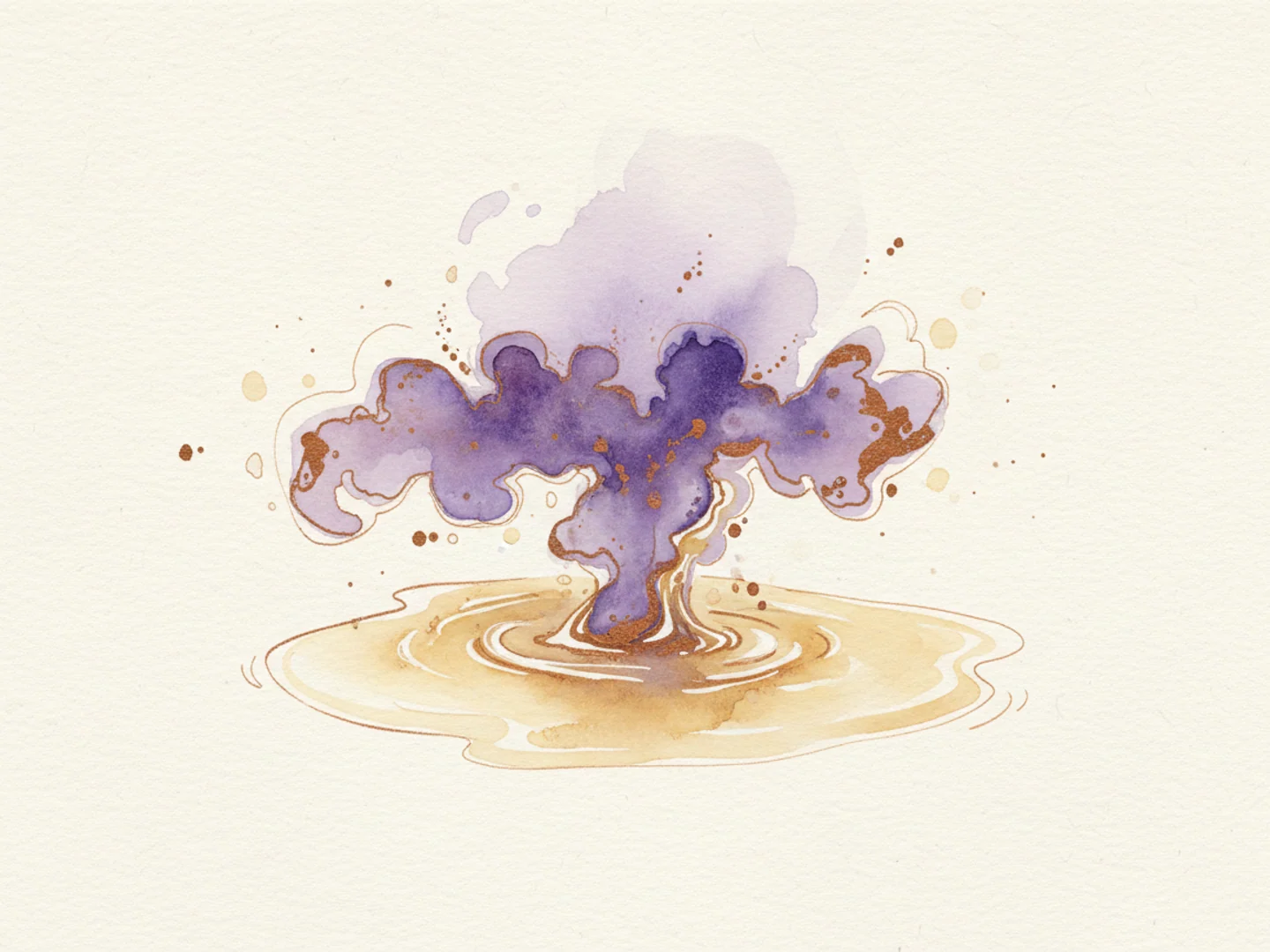 Illustration of a violet watercolor wash dissolving into clear champagne tones on textured paper, a myth fading away
