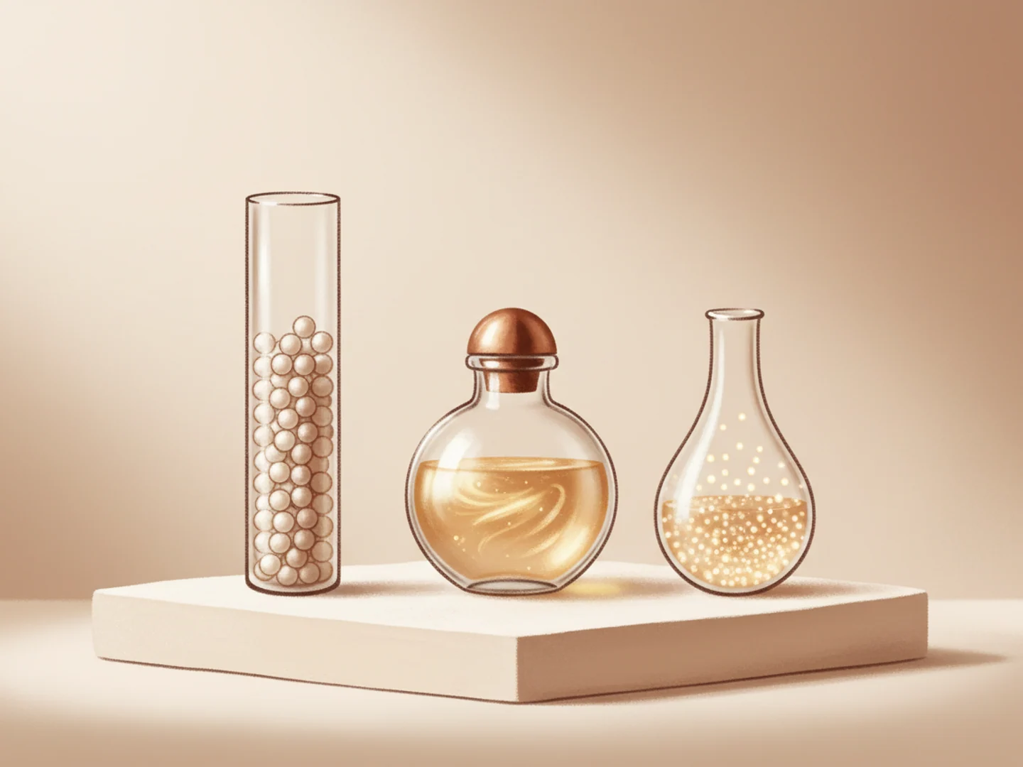 Illustration of three glass vessels holding pearl beads, golden liquid, and luminous spheres, three different skin boosters side by side
