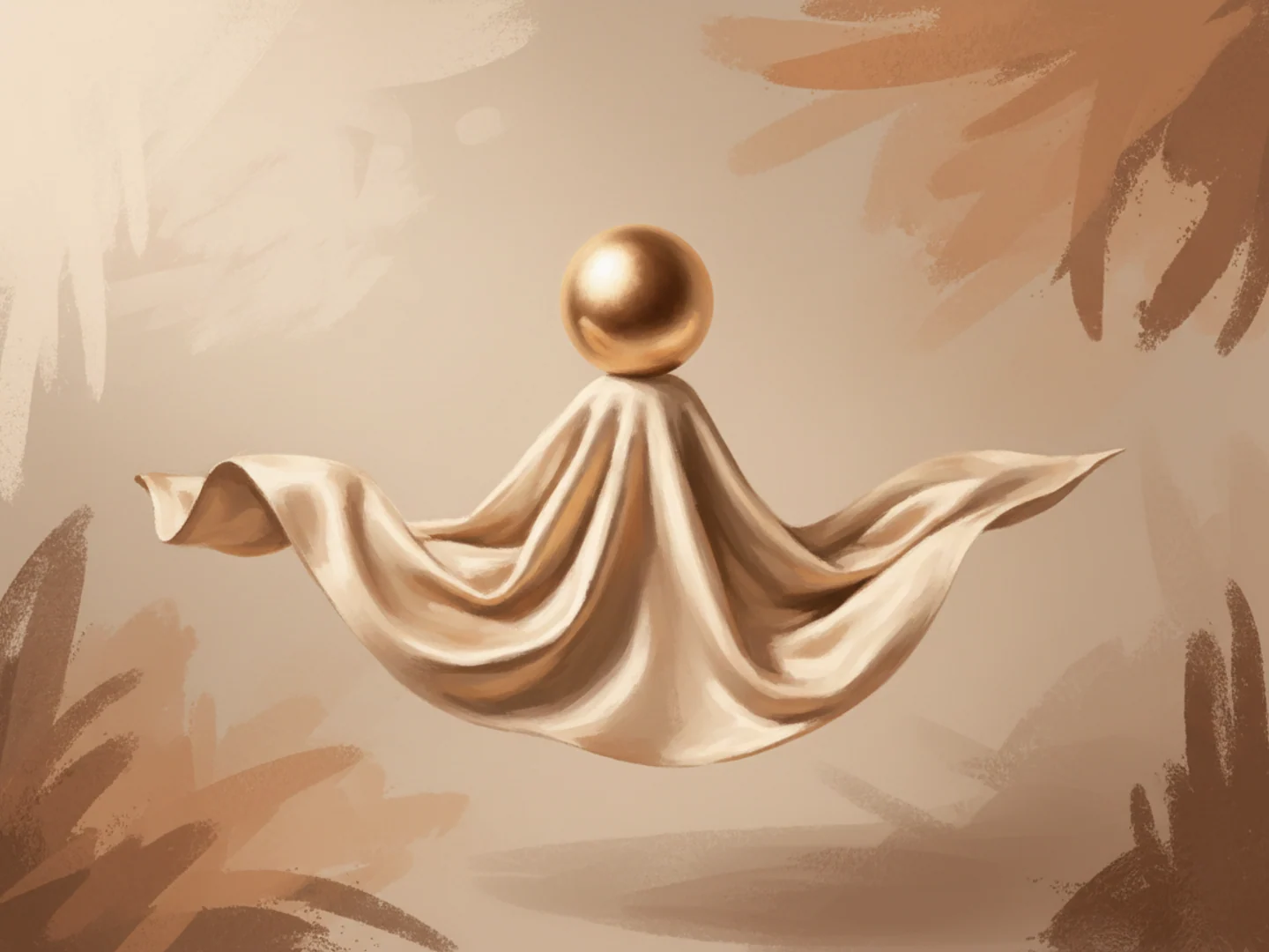 Illustration of a golden sphere gently lifting draped champagne silk from beneath, gradual volume support