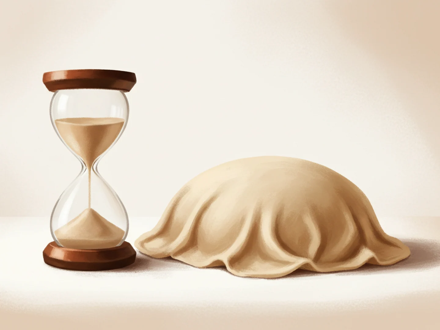 Illustration of an hourglass beside a slowly rising dome under cloth, effects that build over time