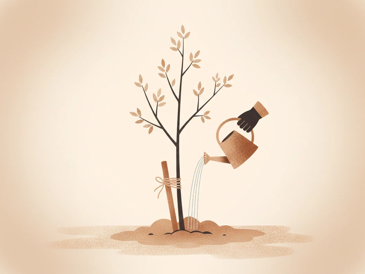 Illustration of a young tree staked and watered in warm light, steady maintenance