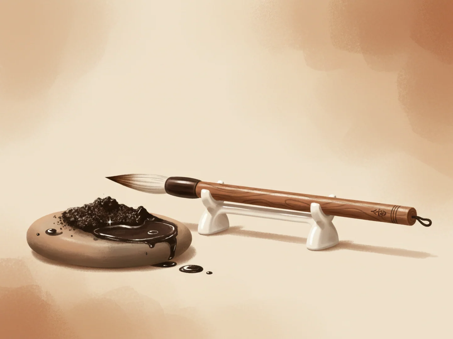 Illustration of a hand-carved calligraphy brush resting on a porcelain stand beside an inkstone, mastery of hand technique
