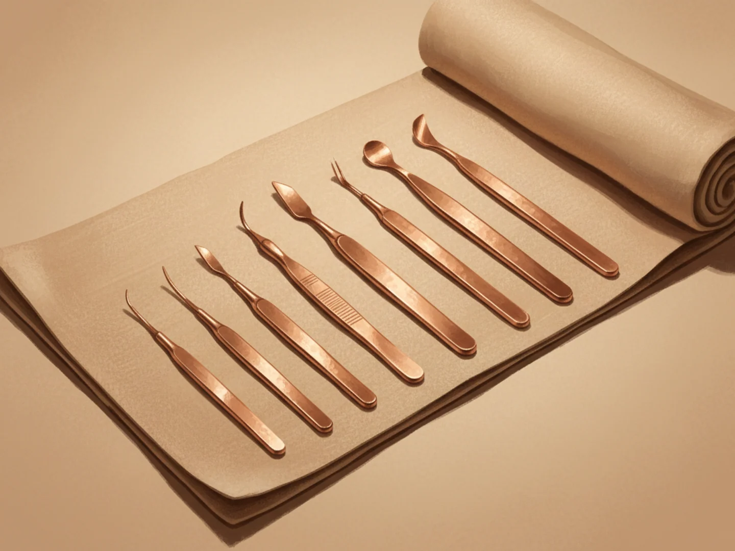 Illustration of fine copper instruments arranged by size on a linen roll under warm lamplight, precision craftsmanship