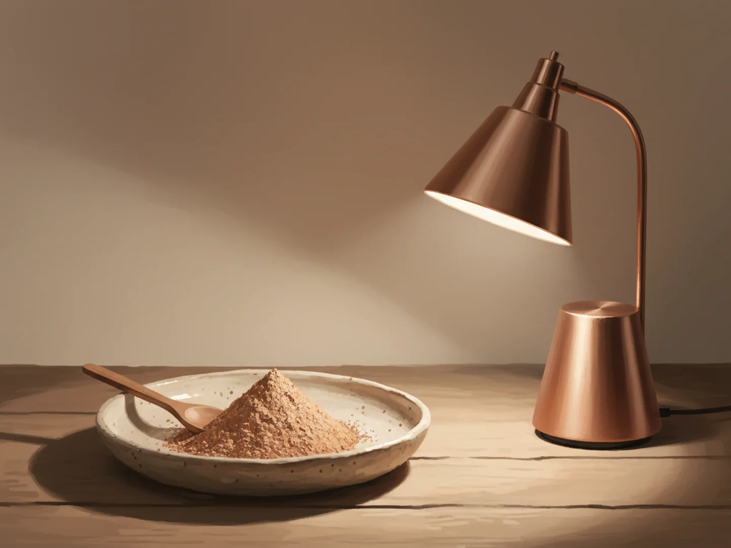 Illustration of a dimmed lamp casting gentle low light over a dish of pigment powder, the low-and-slow approach