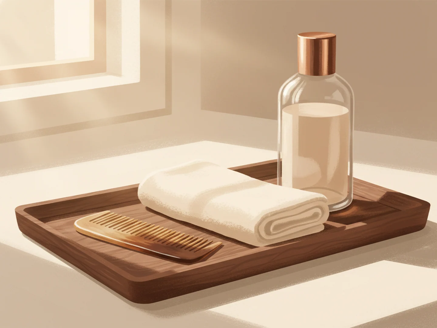 Illustration of a men's grooming tray on walnut: horn comb, folded towel and an unmarked bottle in morning light