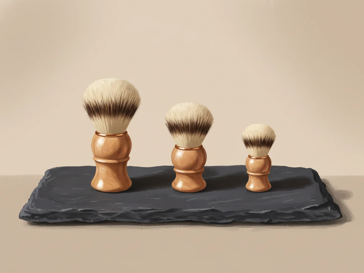 Illustration of three classic wooden shave brushes of different sizes on slate, the essentials only