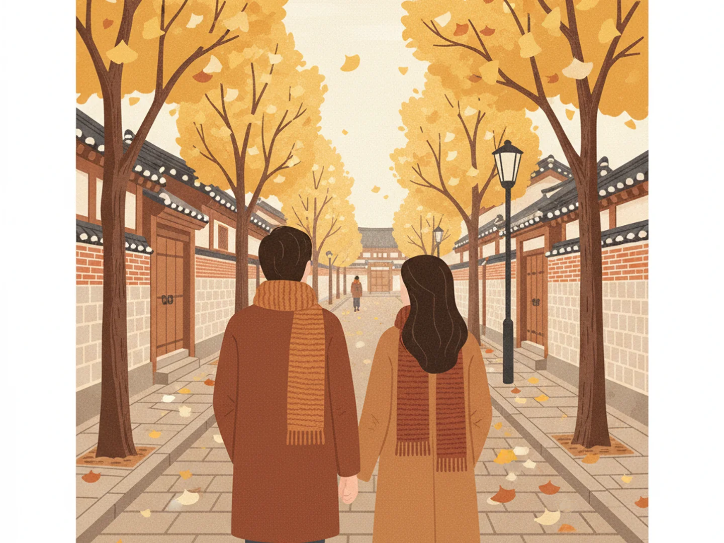 Illustration of a newlywed couple seen from behind, walking hand in hand under golden ginkgo trees along a hanok alley in autumn