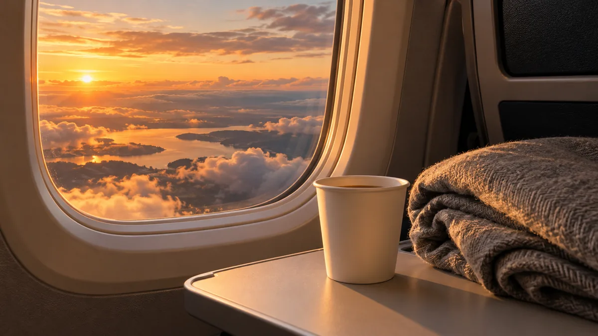An airplane window over golden-hour clouds, with a paper cup and a folded blanket on the tray table