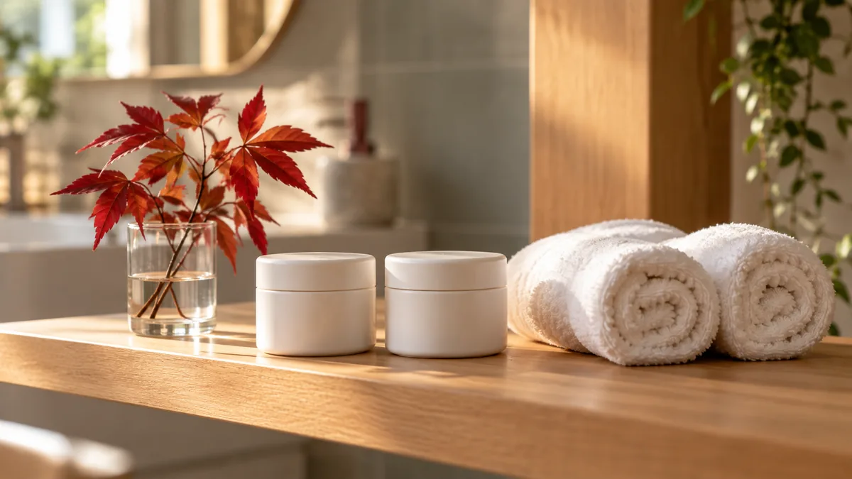 Two identical white jars and two rolled towels on a wooden shelf beside a sprig of red leaves