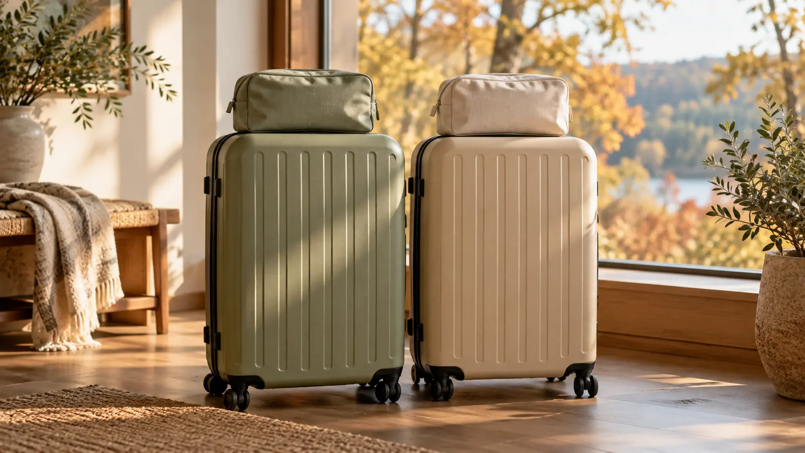 A sage green and a beige suitcase side by side by a sunny window with autumn trees outside