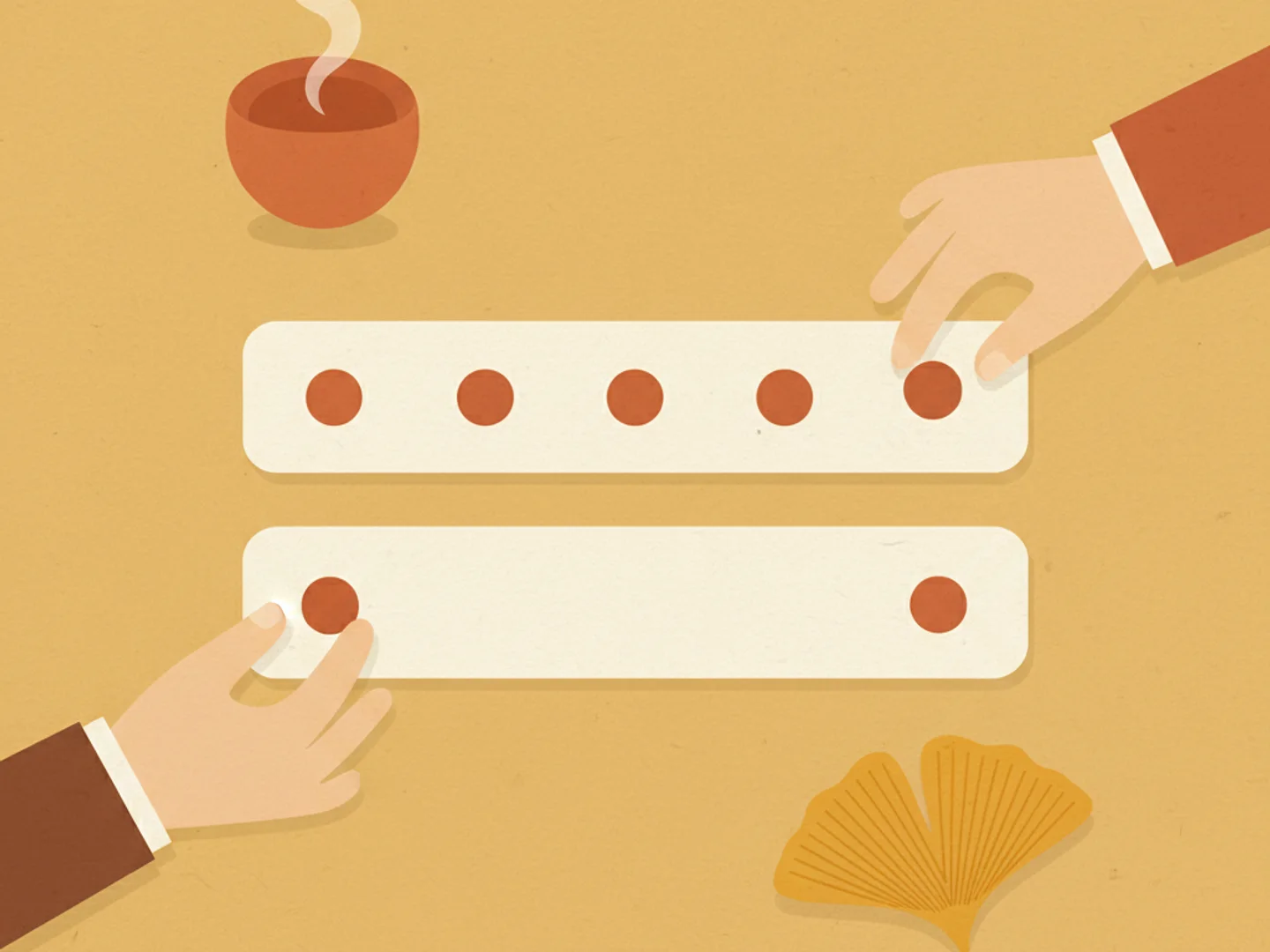 Illustration of two hands from opposite sides placing markers on two parallel timeline bands, with a teacup and a ginkgo leaf on the table